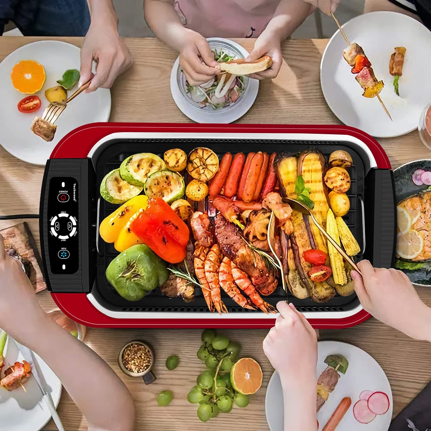 Techwood 1500W Electric Indoor Grill with Tempered Glass Lid, Compact & Portable Non-stick BBQ Grill, Turbo Smoke Extractor Technology, Drip Tray& Double Removable Plate(Red)