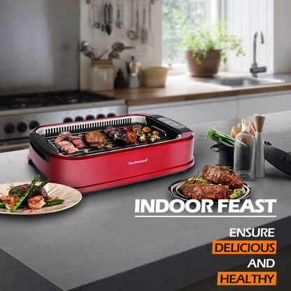 Techwood 1500W Electric Indoor Grill with Tempered Glass Lid, Compact & Portable Non-stick BBQ Grill, Turbo Smoke Extractor Technology, Drip Tray& Double Removable Plate(Red)