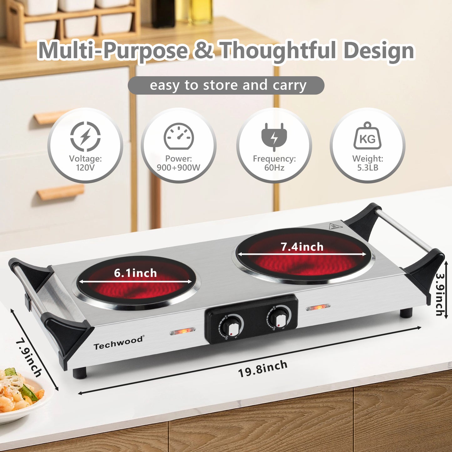 Techwood 1800W Dual Control Infrared Ceramic Electric Hot Plate with Anti-Scald Handle, Techwood Electric Cooktop, Dual Electric Stove Burners, Techwood Double Burner for Cooking(Silver)