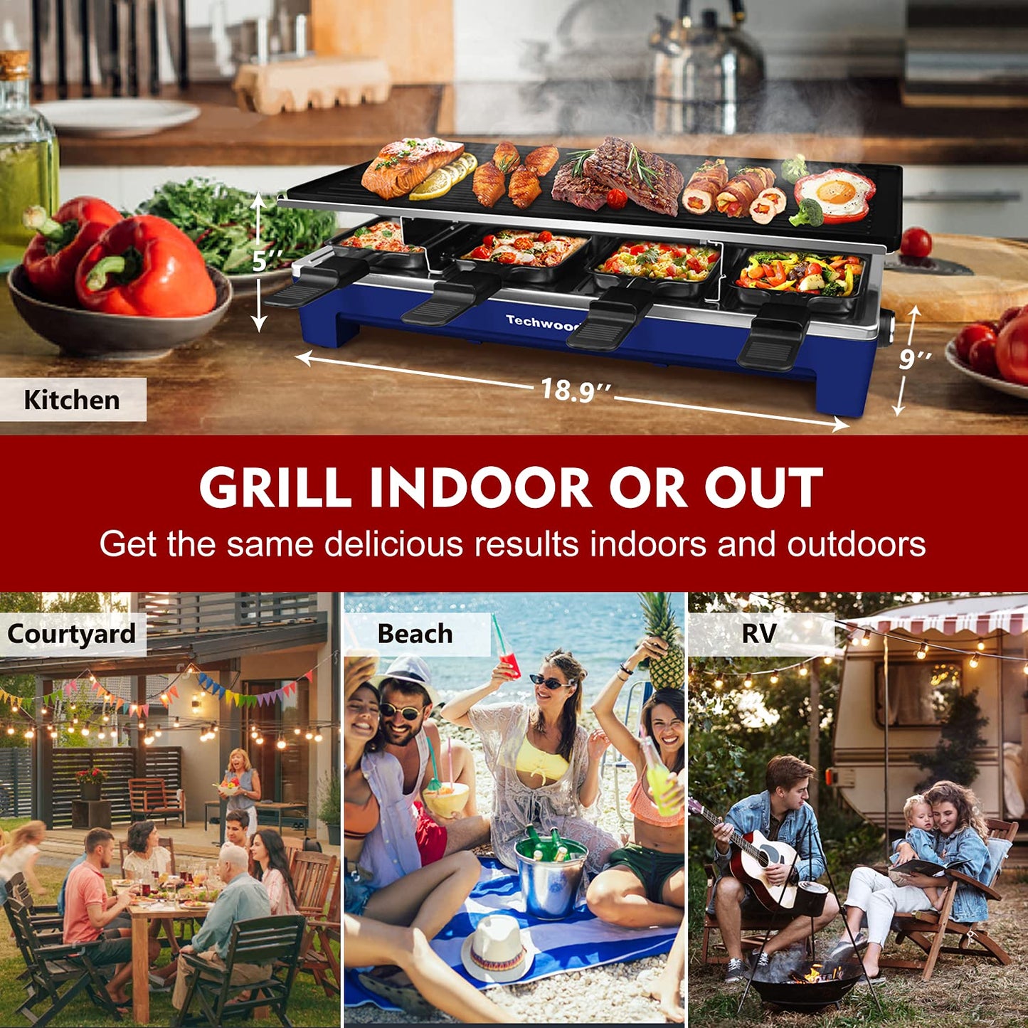 Techwood 1500W Indoor Table Grill with 8 Cheese Melting Pans(Blue)