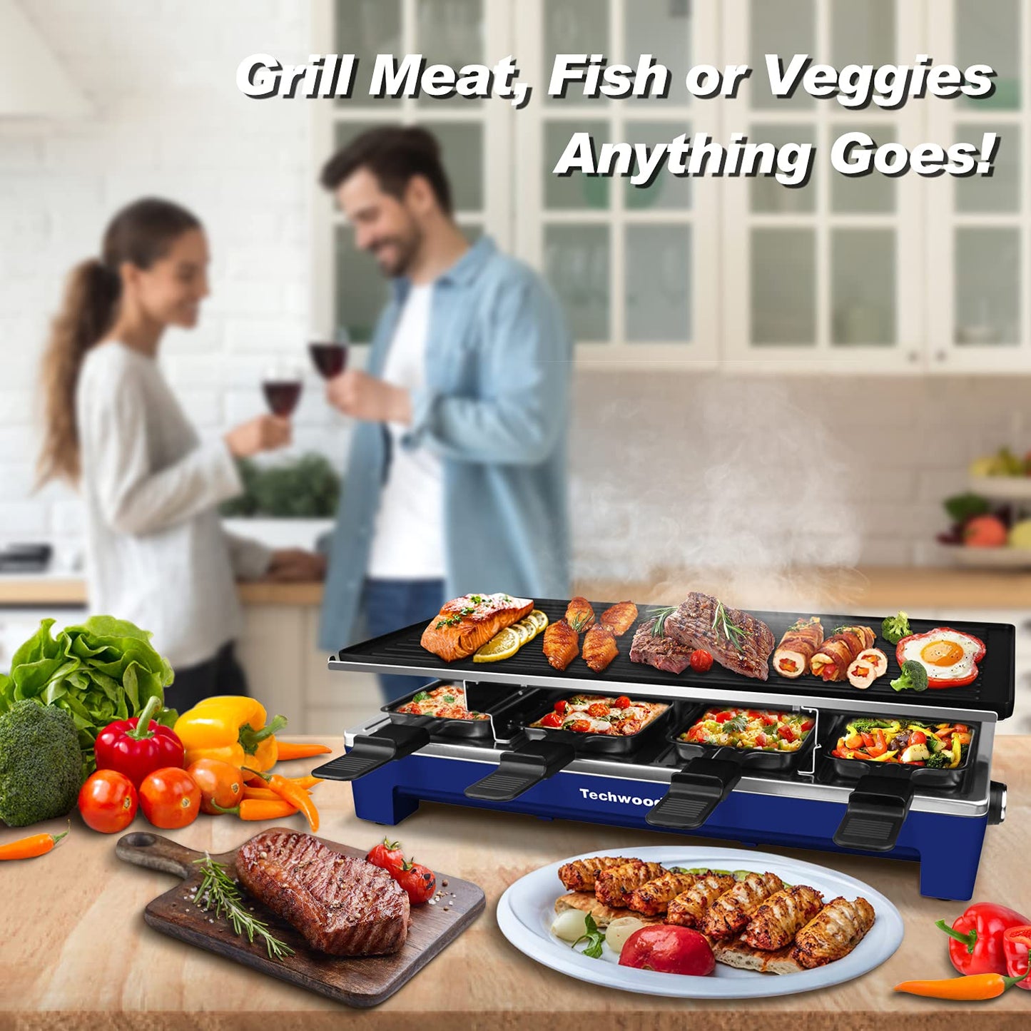 Techwood 1500W Indoor Table Grill with 8 Cheese Melting Pans(Blue)