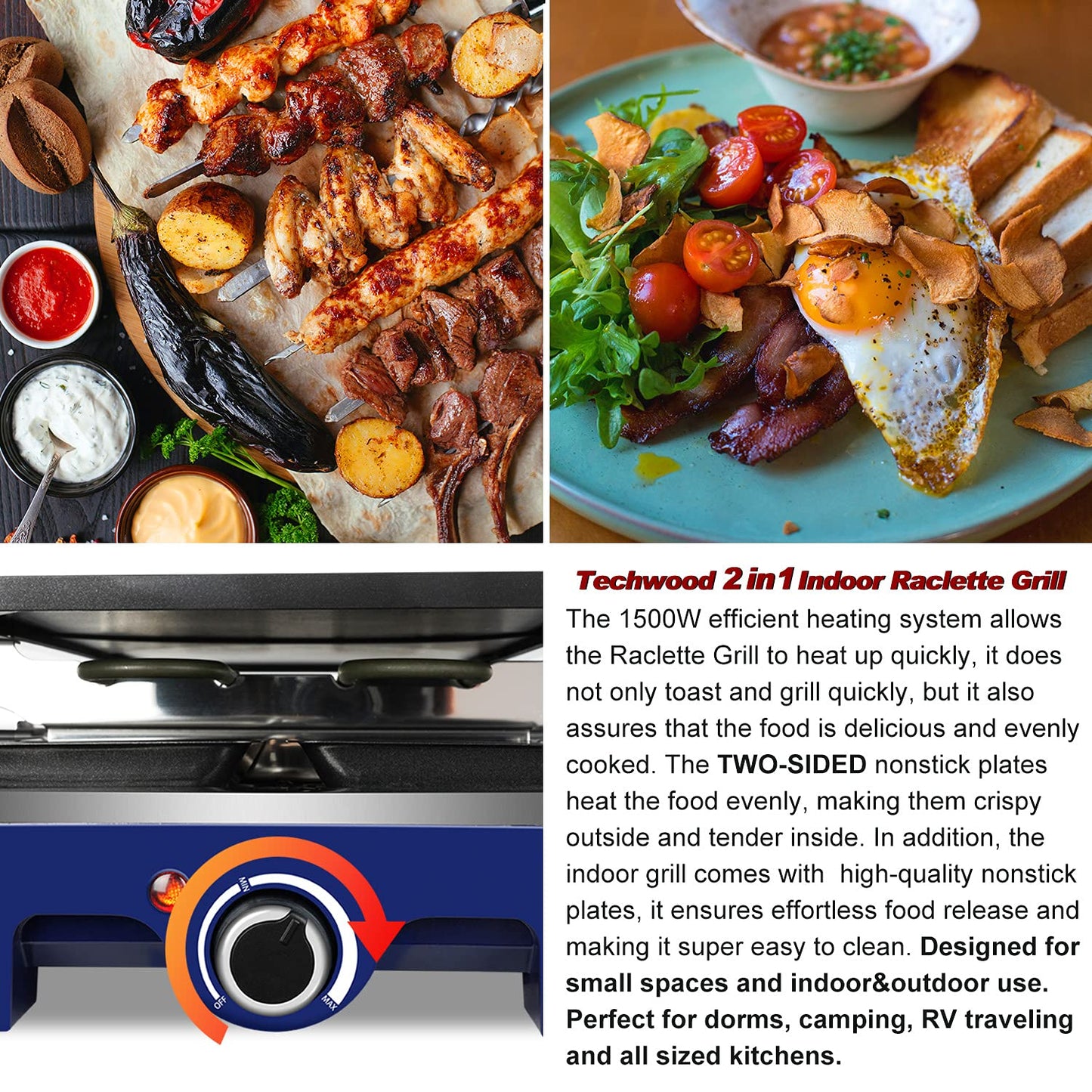 Techwood 1500W Indoor Table Grill with 8 Cheese Melting Pans(Blue)