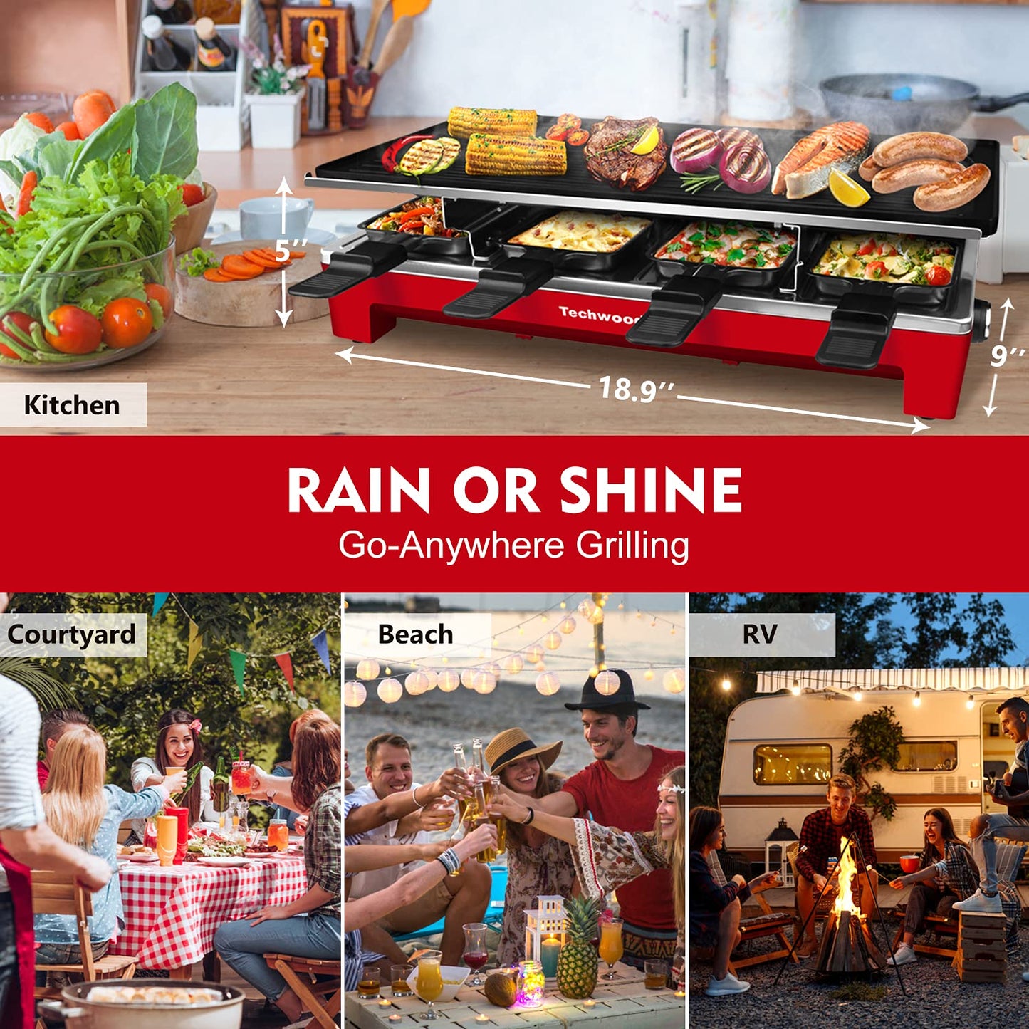 Techwood Raclette Grill, Electric Table Indoor Grill Korean BBQ Grill, Removable 2-in-1 Non-Stick Grill Plate, 1500W Fast Heating with Nonstick Griddle Serves up to 8 People for Parties and Family Fun(Red)