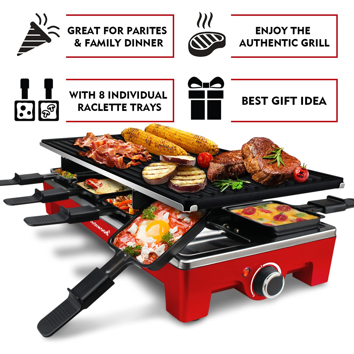  Raclette Table Grill, Techwood Electric Indoor Grill Korean BBQ  Grill, Removable 2-in-1 Non-Stick Grill Plate, 1500W Fast Heating with 8  Cheese Melt Pans, Ideal for Parties and Family Fun (Black) 