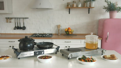 Techwood 1800W Dual Control Infrared Ceramic Electric Hot Plate with Anti-Scald Handle, Techwood Electric Cooktop, Dual Electric Stove Burners, Techwood Double Burner for Cooking(Silver)