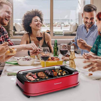 Techwood 1500W Indoor Smokeless Grill with non-stick grill plate(Red)