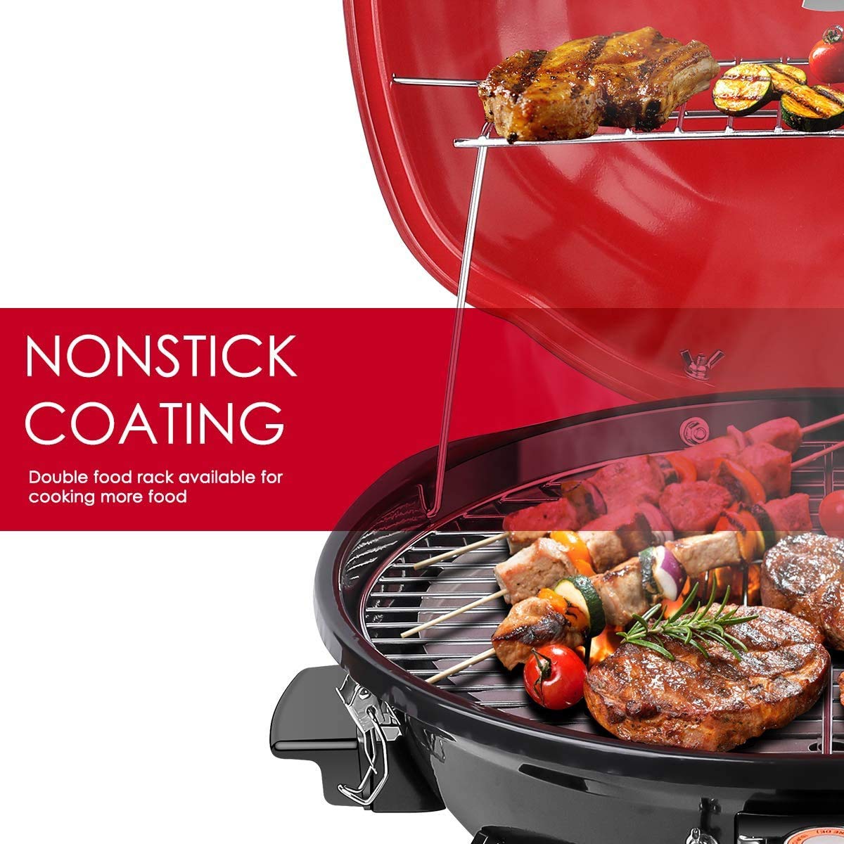 Techwood Electric BBQ Grill,1600WTabletop Grill, Double Layer Design, Portable Removable Grill, Indoor/Outdoor Electric Grill for Indoor & Outdoor Use(Red)