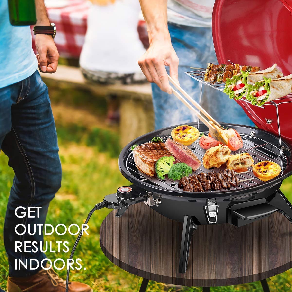 Techwood Electric BBQ Grill,1600WTabletop Grill, Double Layer Design, Portable Removable Grill, Indoor/Outdoor Electric Grill for Indoor & Outdoor Use(Red)