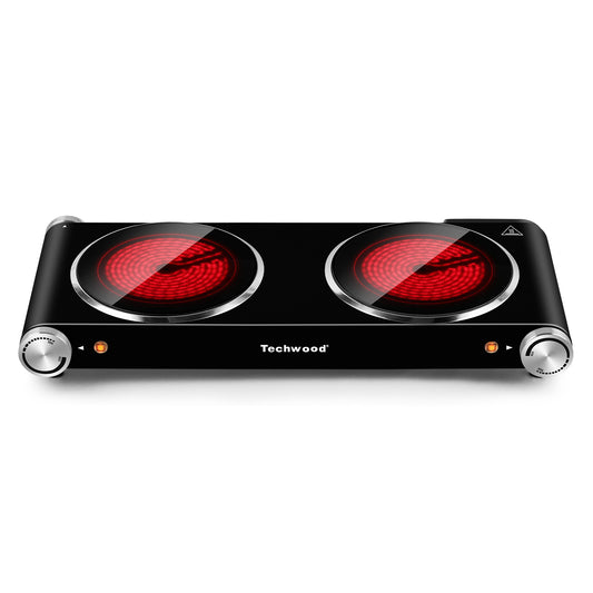 Techwood 1800W Electric Hot Plate Cooktop for Cooking, Infrared Ceramic Countertop Stove Top 2 Burners, Stainless Steel Portable Electric Burner, Knob Control, Easy To Clean(Black)