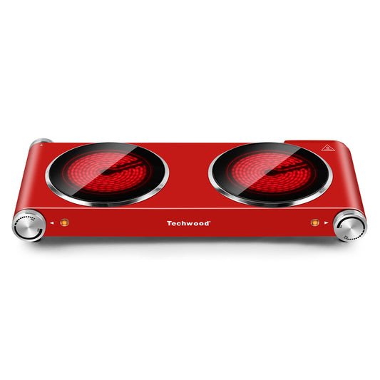 Techwood 1800W Electric Hot Plate Cooktop for Cooking, Infrared Ceramic Countertop Stove Top 2 Burners, Stainless Steel Portable Electric Burner, Knob Control, Easy To Clean(Red)