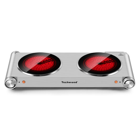 Techwood 1800W Electric Hot Plate Cooktop for Cooking, Infrared Ceramic Countertop Stove Top 2 Burners, Stainless Steel Portable Electric Burner, Knob Control, Easy To Clean(Silver)