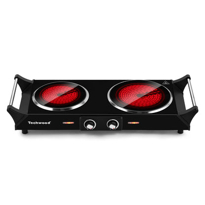 Techwood 1800W Dual Control Infrared Ceramic Electric Hot Plate with Anti-Scald Handle, Dual Electric Stove Burners, Techwood Electric Cooktop, Techwood Double Burner for Cooking(Black)