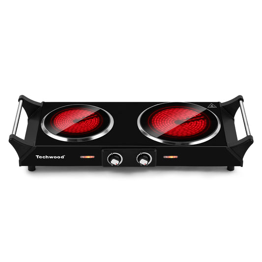 Techwood 1800W Dual Control Infrared Ceramic Electric Hot Plate with Anti-Scald Handle, Dual Electric Stove Burners, Techwood Electric Cooktop, Techwood Double Burner for Cooking(Black)