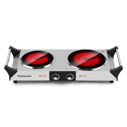 Techwood 1800W Dual Control Infrared Ceramic Electric Hot Plate with Anti-Scald Handle, Techwood Electric Cooktop, Dual Electric Stove Burners, Techwood Double Burner for Cooking(Silver)