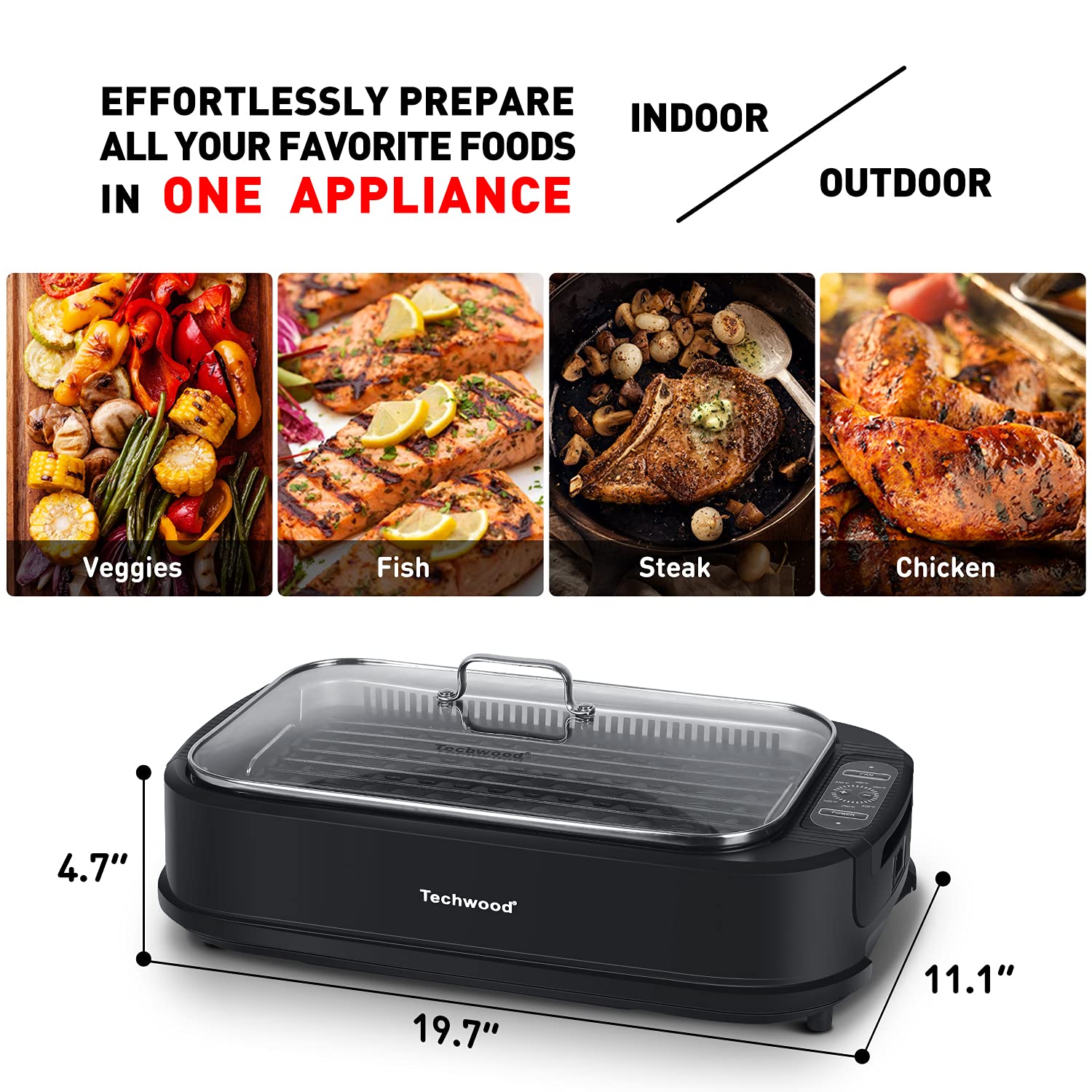 Techwood 1500W Indoor Smokeless Grill with Tempered Glass Lid Black