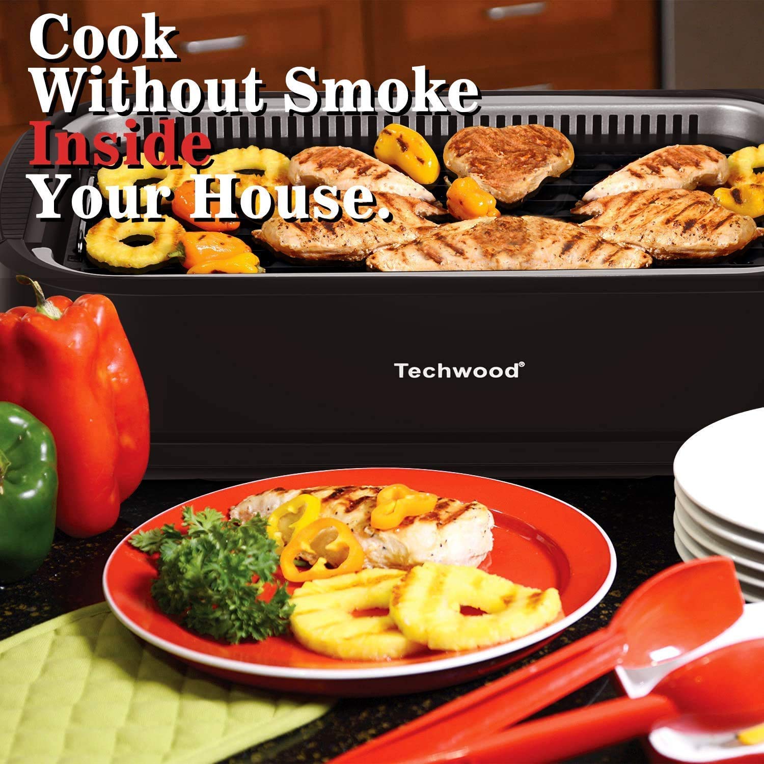 Techwood 1500W Indoor Smokeless Grill with non-stick grill plate(Red)