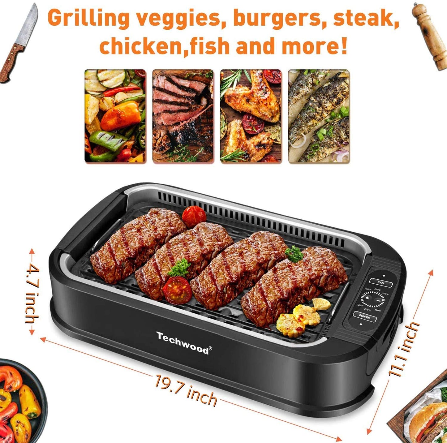 Techwood 1500W Indoor Smokeless Grill with Tempered Glass Lid(Black)