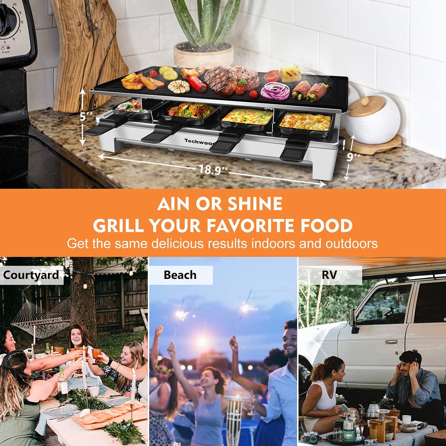 Techwood 1500W Indoor Table Grill with 8 Cheese Melting Pans(Silver)