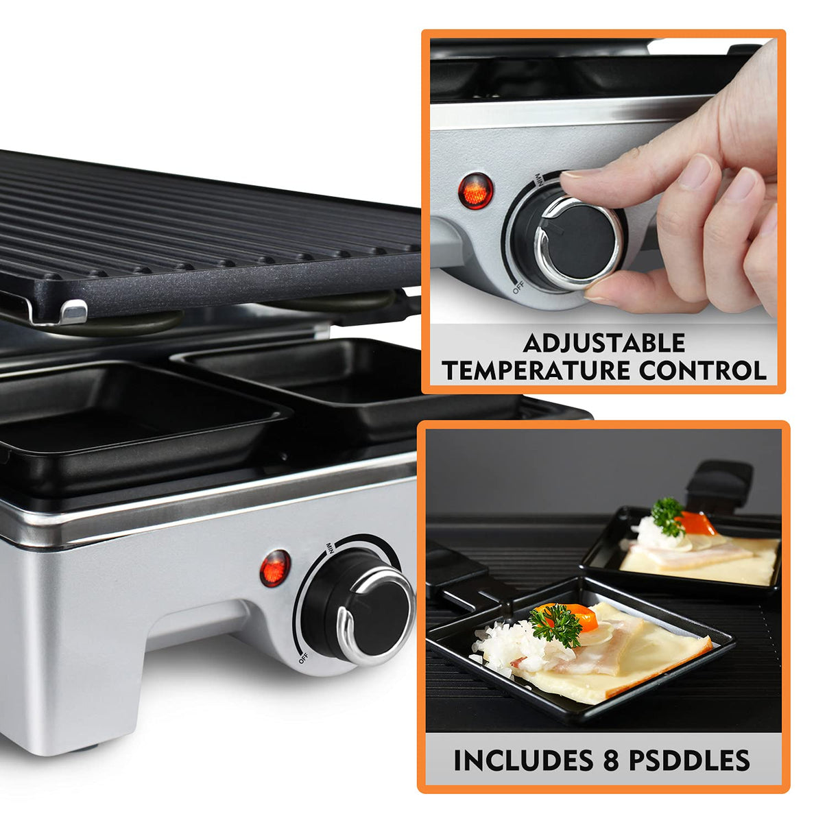 Techwood 1500W Indoor Table Grill with 8 Cheese Melting Pans(Silver)