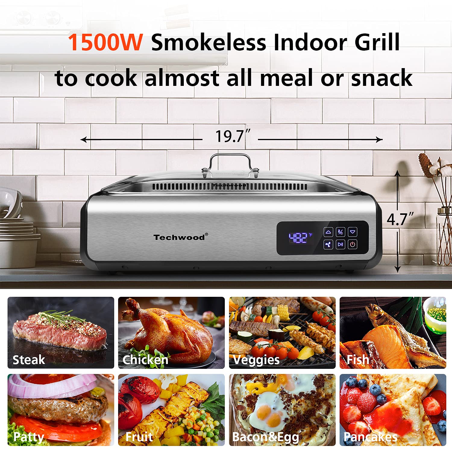 Indoor Smokeless Grill, Techwood 1500W Electric Grill with Tempered Glass  Lid, Electric Portable Korean BBQ Grill, Dual Removable Griddle & Grill  Plates, Dishwasher-Safe, Gray 