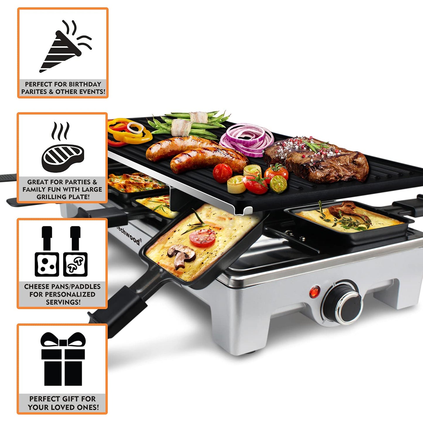 Techwood Raclette Grill, Electric Table Indoor Grill Korean BBQ Grill, 1500W Fast Heating with Nonstick Griddle Serves up to 8 People for Parties and Family Fun, Removable 2-in-1 Non-Stick Grill Plate(Silver)