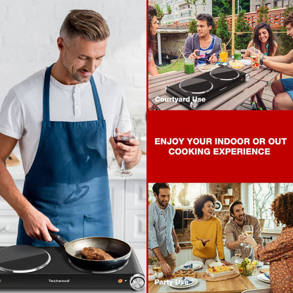 Techwood 1800W Electric Hot Plate Cooktop for Cooking, Infrared Ceramic Countertop Stove Top 2 Burners, Stainless Steel Portable Electric Burner, Knob Control, Easy To Clean(Black)