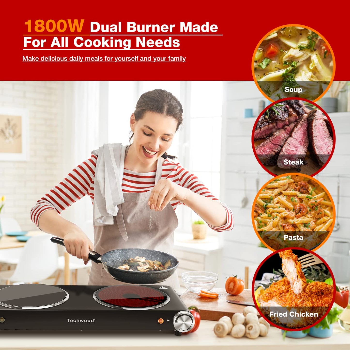 Techwood 1800W Electric Hot Plate Cooktop for Cooking, Infrared Ceramic Countertop Stove Top 2 Burners, Stainless Steel Portable Electric Burner, Knob Control, Easy To Clean(Black)