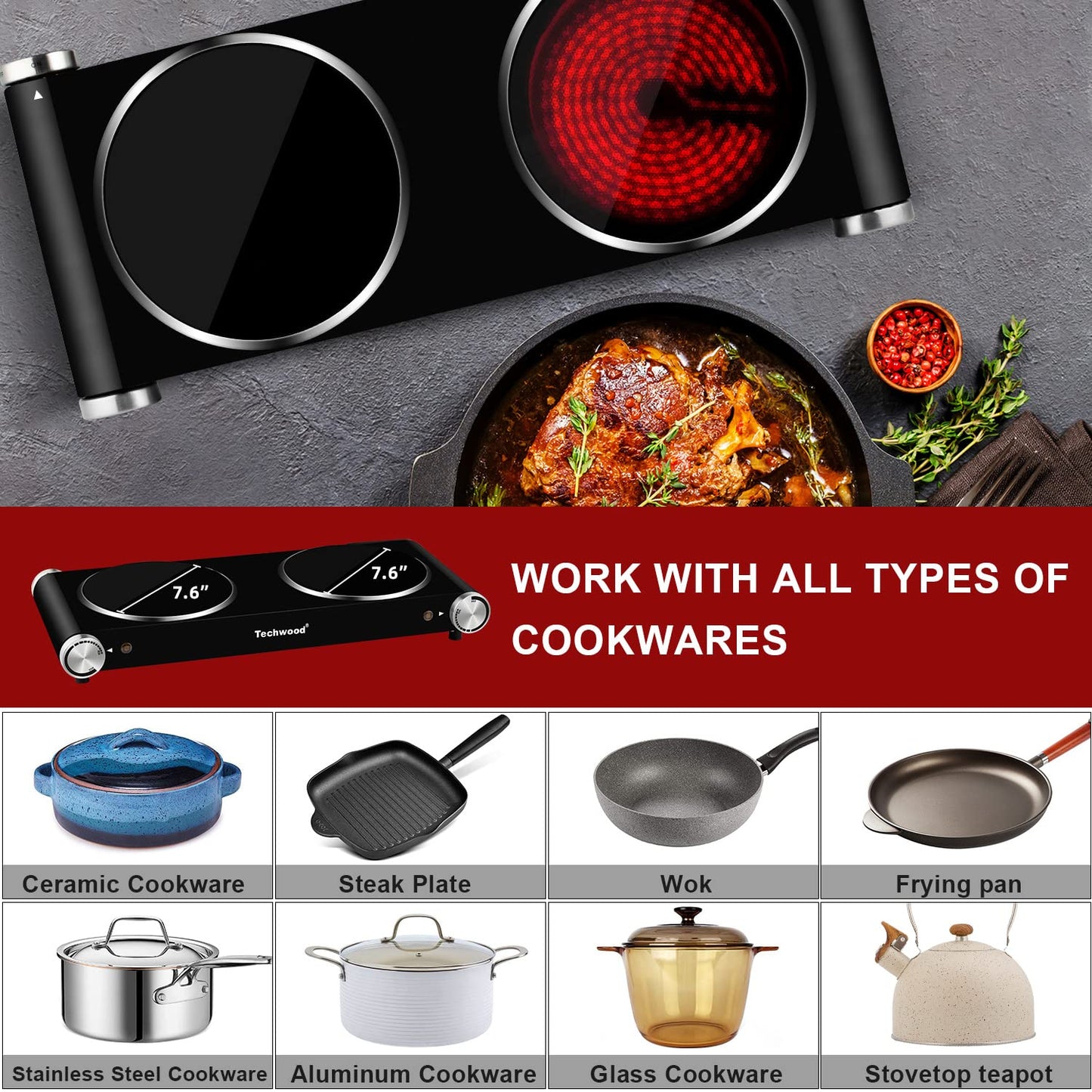 Techwood 1800W Electric Hot Plate Cooktop for Cooking, Infrared Ceramic Countertop Stove Top 2 Burners, Stainless Steel Portable Electric Burner, Knob Control, Easy To Clean(Black)