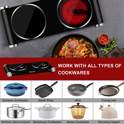 Techwood 1800W Electric Hot Plate Cooktop for Cooking, Infrared Ceramic Countertop Stove Top 2 Burners, Stainless Steel Portable Electric Burner, Knob Control, Easy To Clean(Black)