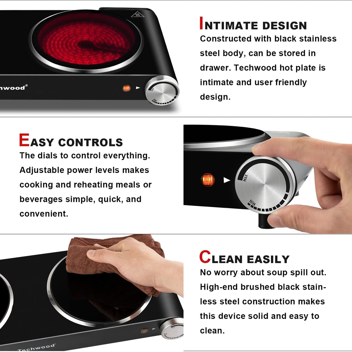 Techwood 1800W Electric Hot Plate Cooktop for Cooking, Infrared Ceramic Countertop Stove Top 2 Burners, Stainless Steel Portable Electric Burner, Knob Control, Easy To Clean(Black)