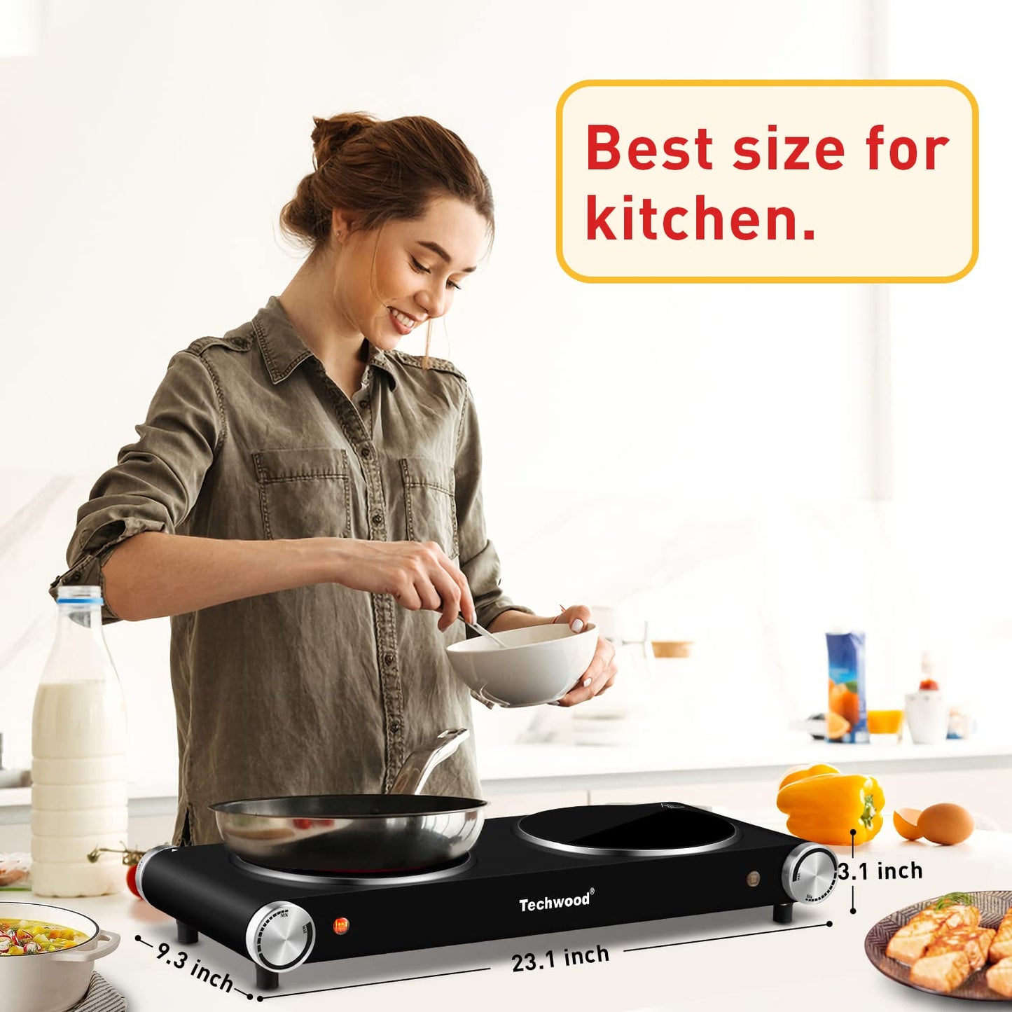 Techwood 1800W Electric Hot Plate Cooktop for Cooking, Infrared Ceramic Countertop Stove Top 2 Burners, Stainless Steel Portable Electric Burner, Knob Control, Easy To Clean(Black)