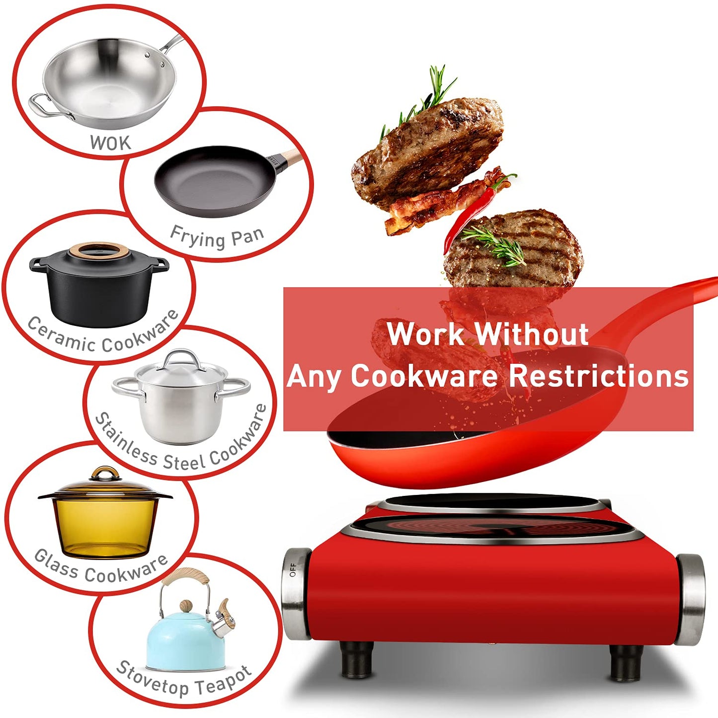 Techwood 1800W Electric Hot Plate Cooktop for Cooking, Infrared Ceramic Countertop Stove Top 2 Burners, Stainless Steel Portable Electric Burner, Knob Control, Easy To Clean(Red)