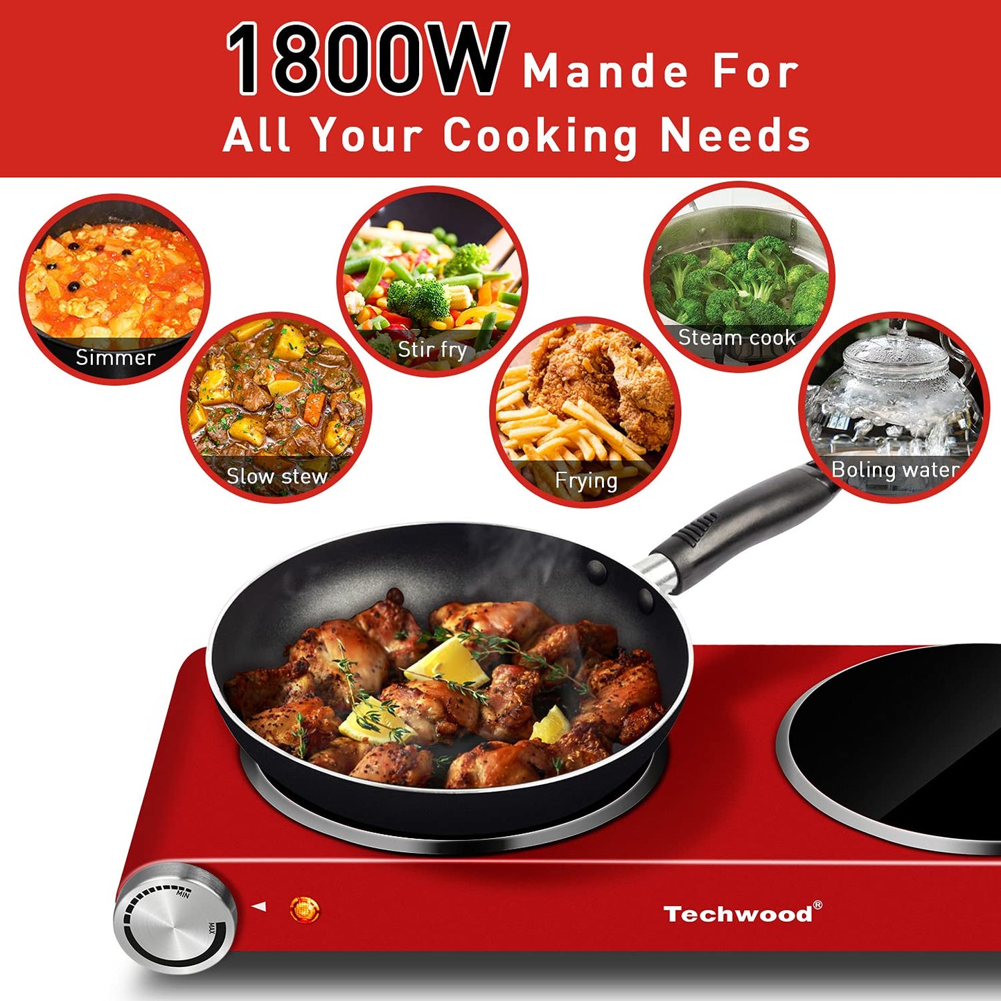 Techwood 1800W Electric Hot Plate Cooktop for Cooking, Infrared Ceramic Countertop Stove Top 2 Burners, Stainless Steel Portable Electric Burner, Knob Control, Easy To Clean(Red)