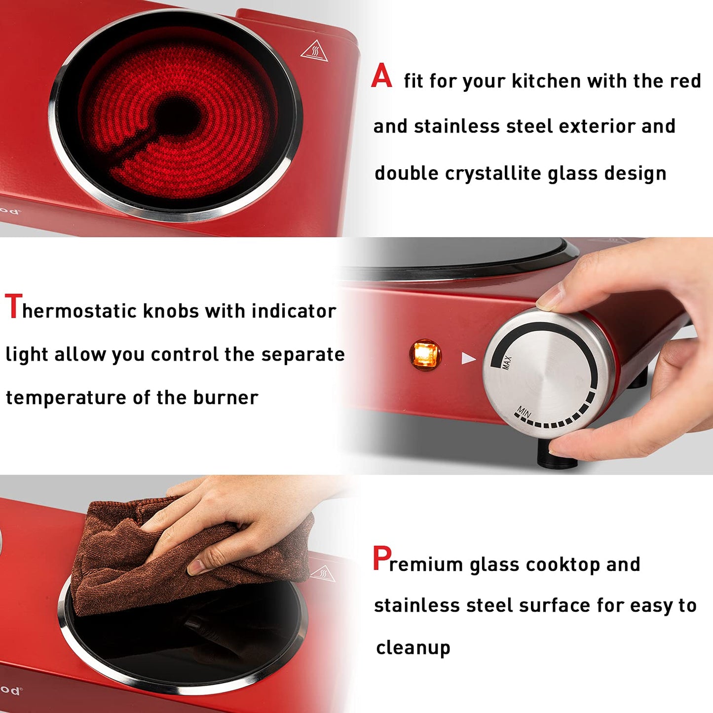 Techwood 1800W Electric Hot Plate Cooktop for Cooking, Infrared Ceramic Countertop Stove Top 2 Burners, Stainless Steel Portable Electric Burner, Knob Control, Easy To Clean(Red)