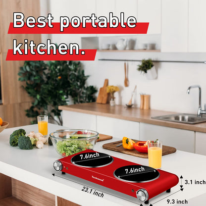 Techwood 1800W Electric Hot Plate Cooktop for Cooking, Infrared Ceramic Countertop Stove Top 2 Burners, Stainless Steel Portable Electric Burner, Knob Control, Easy To Clean(Red)