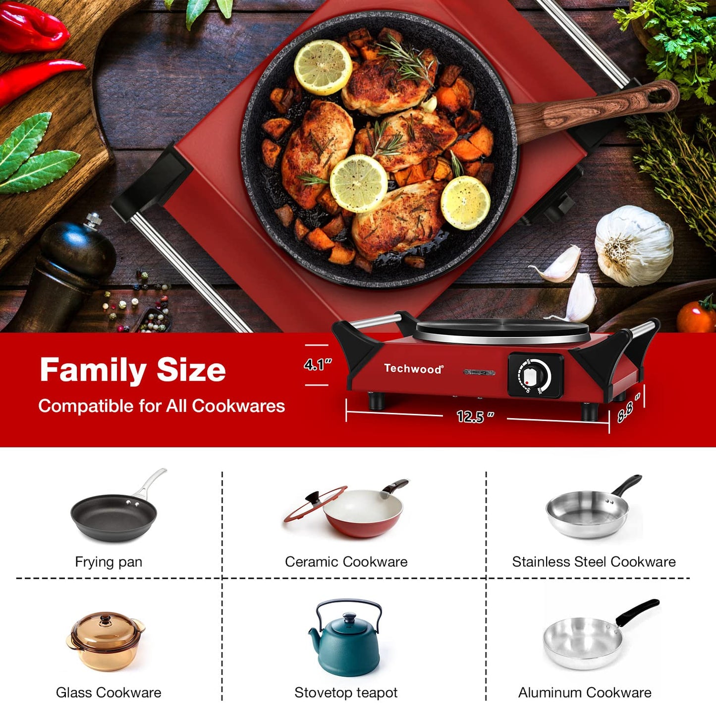 Techwood 1500W Stainless Steel Single Hot Plate with Stay Cool Handle(Red)