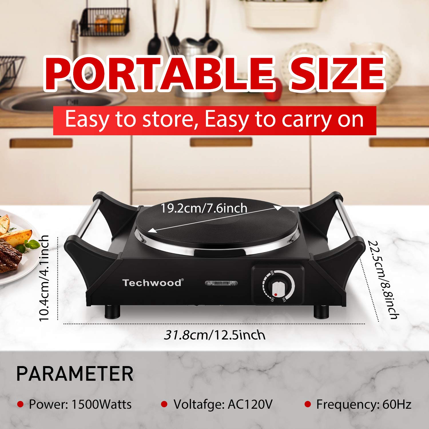 Techwood Hot Plate Portable Electric Stove 1500W Countertop Single Burner  with Adjustable Temperature & Stay Cool Handles, 7.5” Cooktop for Dorm