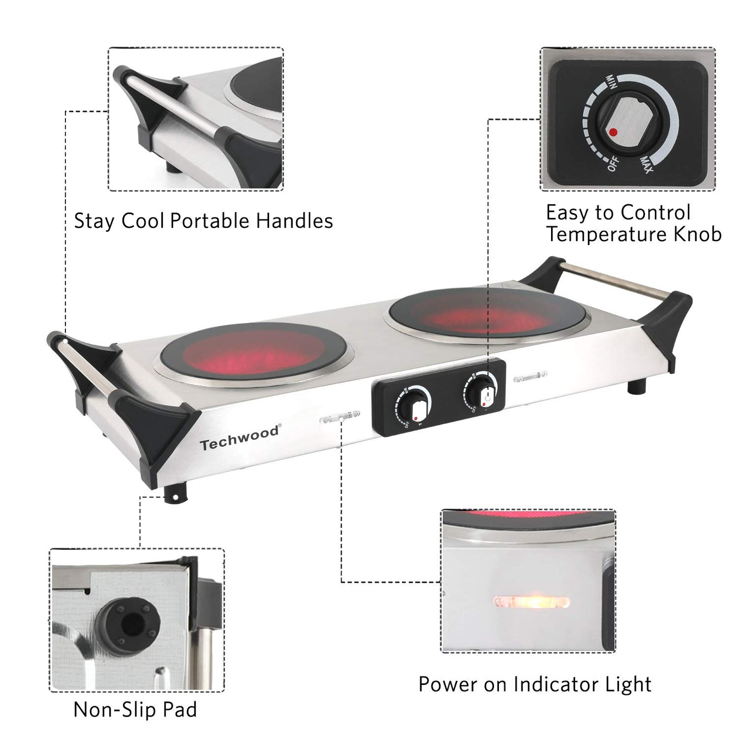 Techwood 1800W Dual Control Infrared Ceramic Electric Hot Plate with Anti-Scald Handle, Techwood Electric Cooktop, Dual Electric Stove Burners, Techwood Double Burner for Cooking(Silver)