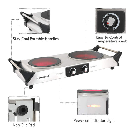 Techwood 1800W Dual Control Infrared Ceramic Electric Hot Plate with Anti-Scald Handle, Techwood Electric Cooktop, Dual Electric Stove Burners, Techwood Double Burner for Cooking(Silver)