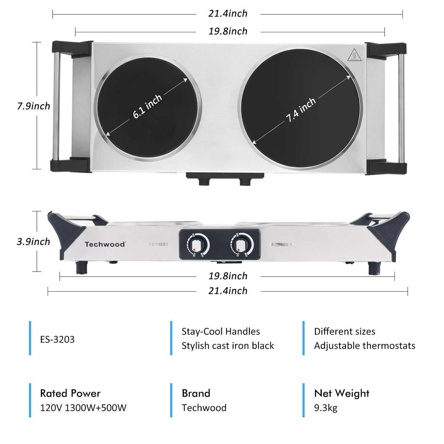 Techwood 1800W Dual Control Infrared Ceramic Electric Hot Plate with Anti-Scald Handle, Techwood Electric Cooktop, Dual Electric Stove Burners, Techwood Double Burner for Cooking(Silver)