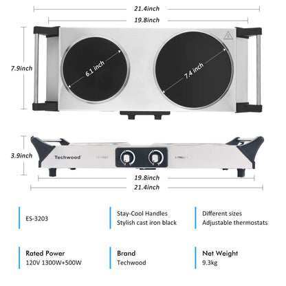 Techwood 1800W Dual Control Infrared Ceramic Electric Hot Plate with Anti-Scald Handle, Techwood Electric Cooktop, Dual Electric Stove Burners, Techwood Double Burner for Cooking(Silver)