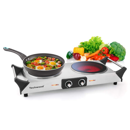 Techwood 1800W Dual Control Infrared Ceramic Electric Hot Plate with Anti-Scald Handle, Techwood Electric Cooktop, Dual Electric Stove Burners, Techwood Double Burner for Cooking(Silver)