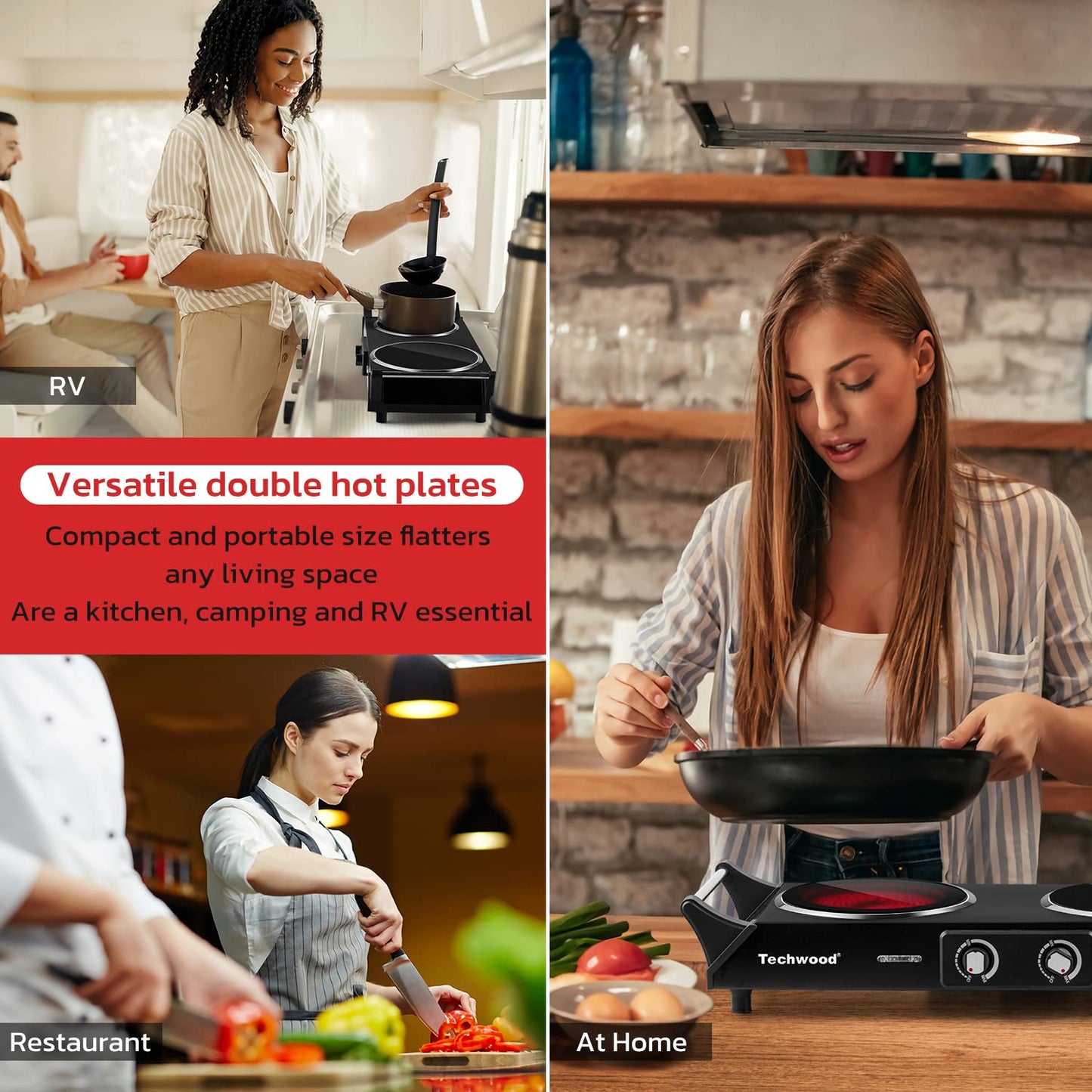 Techwood 1800W Dual Control Infrared Ceramic Electric Hot Plate with Anti-Scald Handle, Dual Electric Stove Burners, Techwood Electric Cooktop, Techwood Double Burner for Cooking(Black)