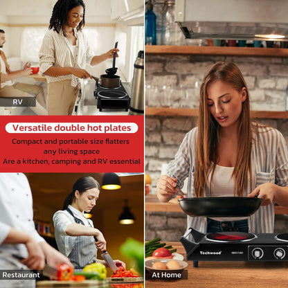 Techwood 1800W Dual Control Infrared Ceramic Electric Hot Plate with Anti-Scald Handle, Dual Electric Stove Burners, Techwood Electric Cooktop, Techwood Double Burner for Cooking(Black)
