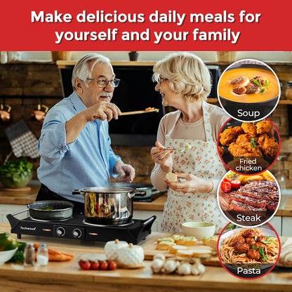 Techwood 1800W Dual Control Infrared Ceramic Electric Hot Plate with Anti-Scald Handle, Dual Electric Stove Burners, Techwood Electric Cooktop, Techwood Double Burner for Cooking(Black)