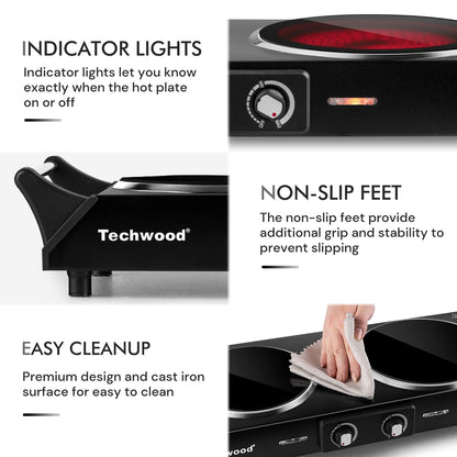 Techwood 1800W Dual Control Infrared Ceramic Electric Hot Plate with Anti-Scald Handle, Dual Electric Stove Burners, Techwood Electric Cooktop, Techwood Double Burner for Cooking(Black)