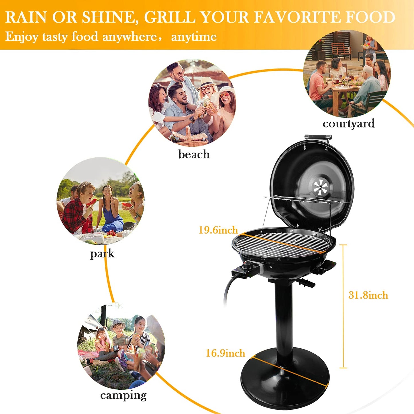 Techwood Electric BBQ Grill 1600W (Stand Black BBQ Grills),15-Serving Indoor/Outdoor Electric Grill for Indoor & Outdoor Use, Portable Removable Stand Grill, Double Layer Design(Black)