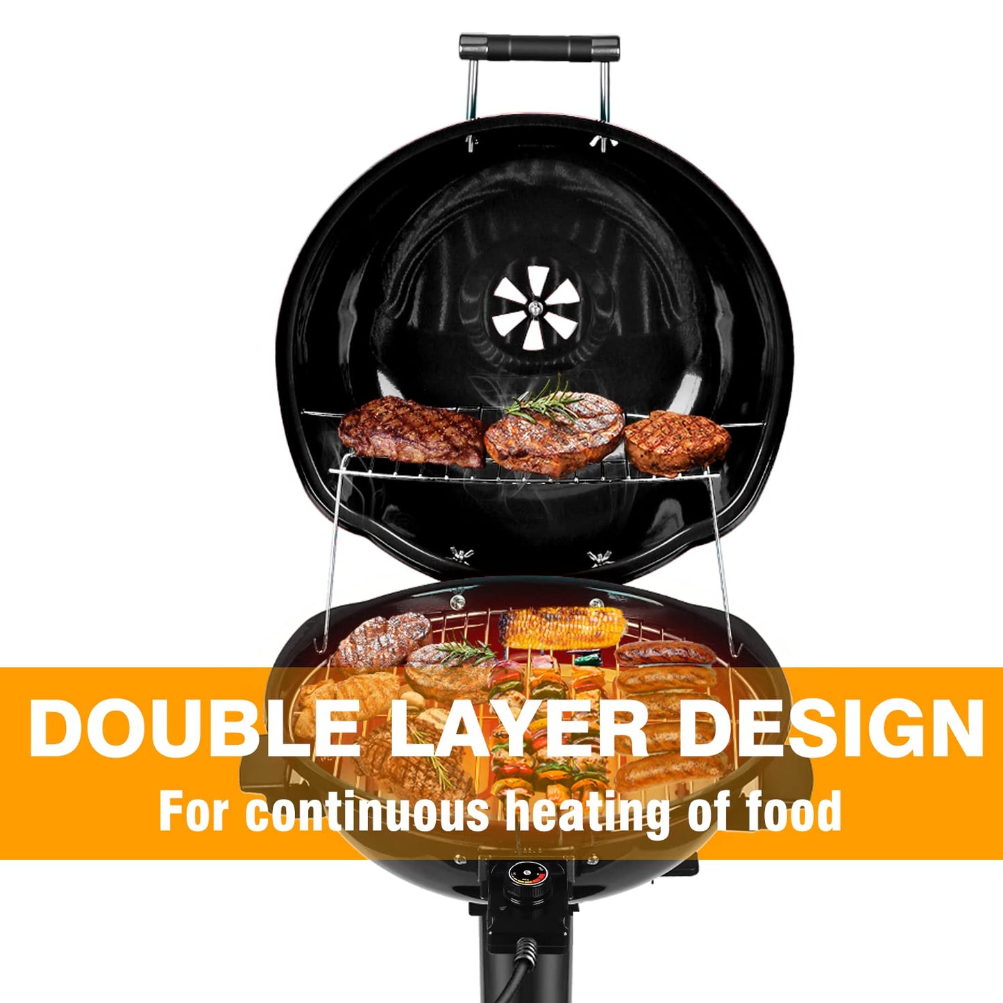 Techwood Electric BBQ Grill 1600W (Stand Black BBQ Grills),15-Serving Indoor/Outdoor Electric Grill for Indoor & Outdoor Use, Portable Removable Stand Grill, Double Layer Design(Black)