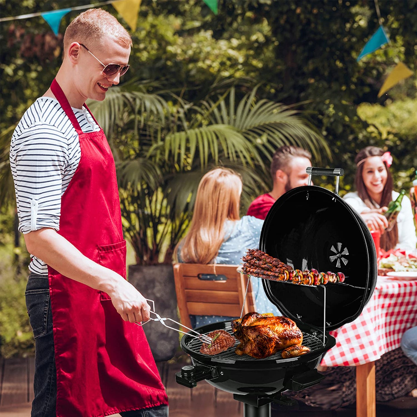 Techwood Electric BBQ Grill 1600W (Stand Black BBQ Grills),15-Serving Indoor/Outdoor Electric Grill for Indoor & Outdoor Use, Portable Removable Stand Grill, Double Layer Design(Black)