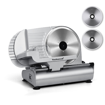 Techwood Meat Slicer, Electric Deil Food Slicer with 9" Removable Stainless Steel Blade, Deli Cheese Fruit Vegetable Bread Cutter with Adjustable Knob for Thickness, Child Lock - For Home Use(Silver Double Blade)